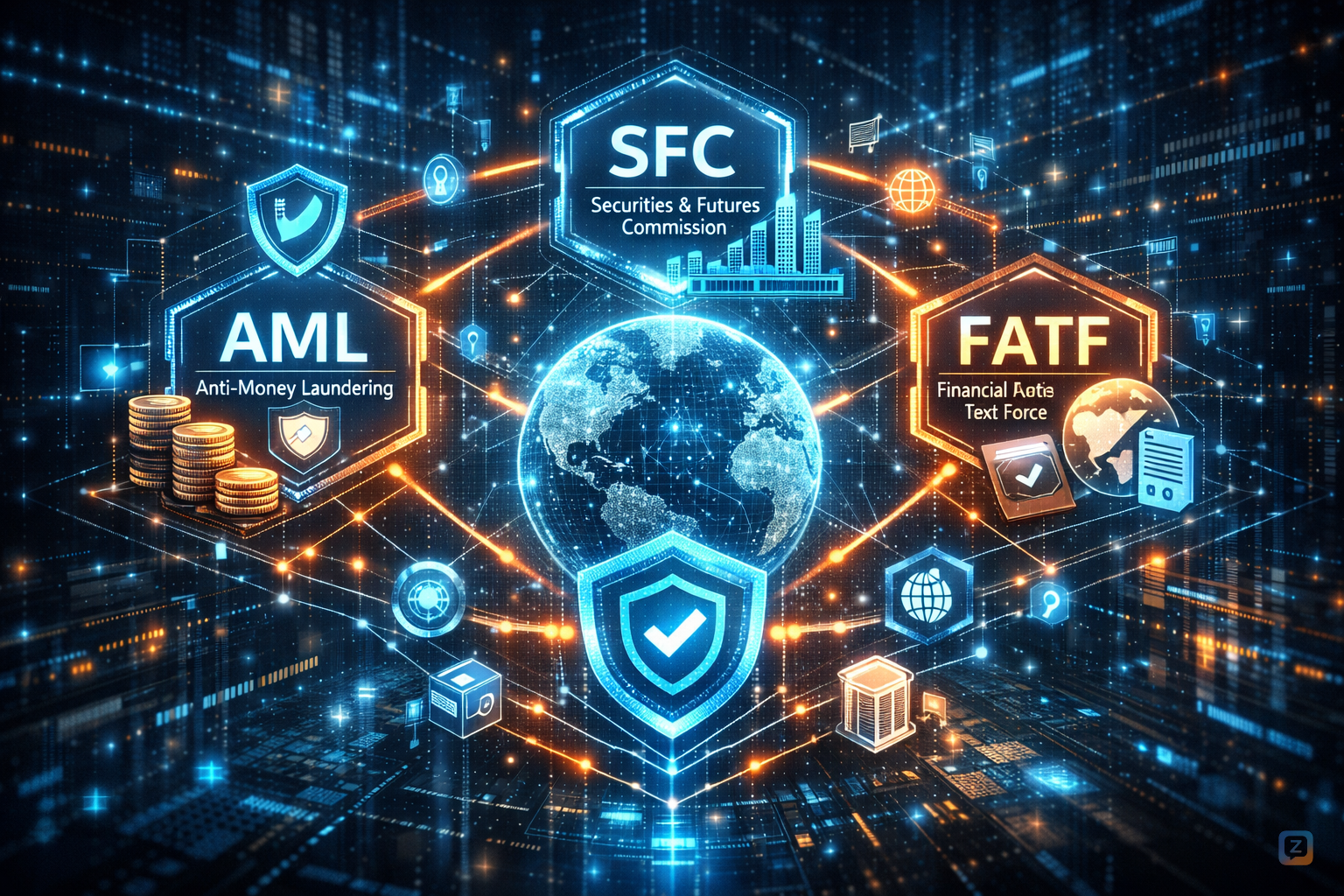 &ldquo;Global compliance system visualized, AML, SFC, FATF rules as...