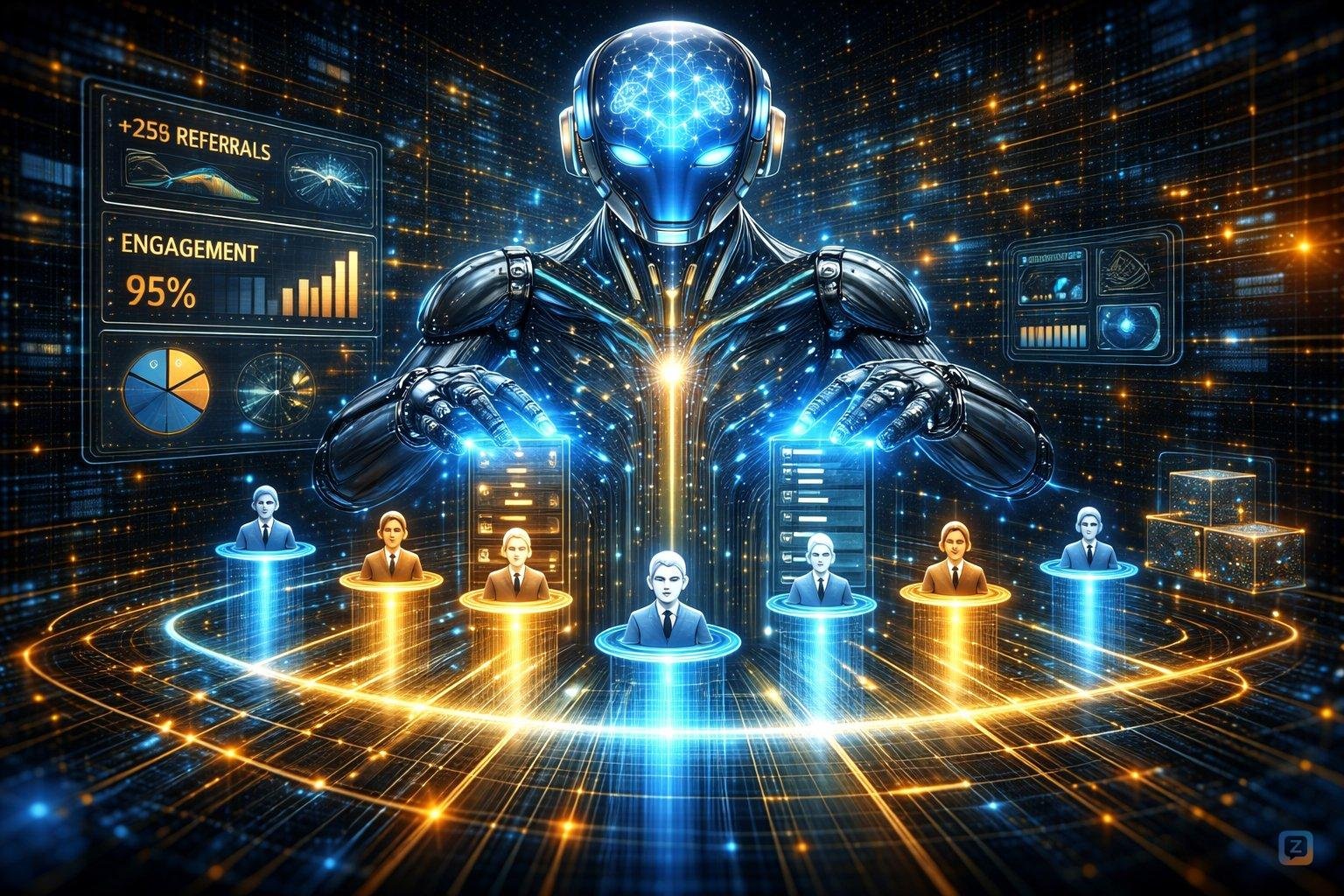 AI robot scanning data streams, evaluating metrics like referrals and...
